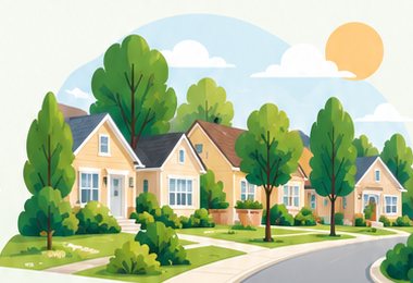 Illustrated local homes among trees on a sunny neighborhood street.